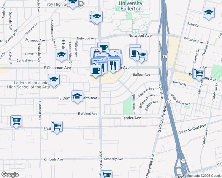 map of restaurants, bars, coffee shops, grocery stores, and more near 2429 Balfour Avenue in Fullerton