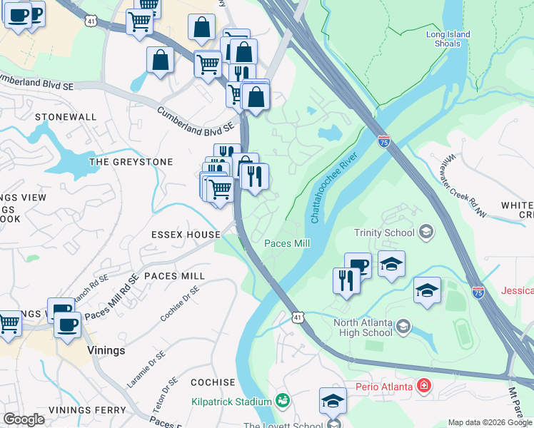 map of restaurants, bars, coffee shops, grocery stores, and more near 4569 River Parkway in Atlanta
