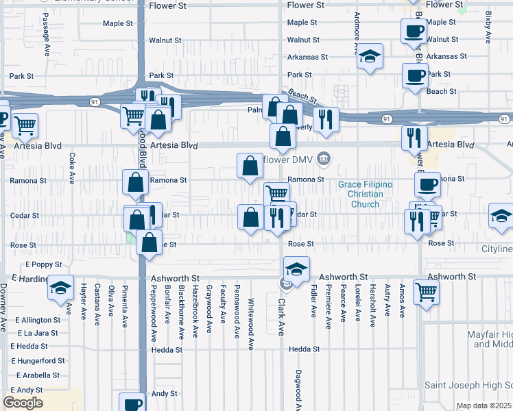 map of restaurants, bars, coffee shops, grocery stores, and more near 9319 Cedar Street in Bellflower