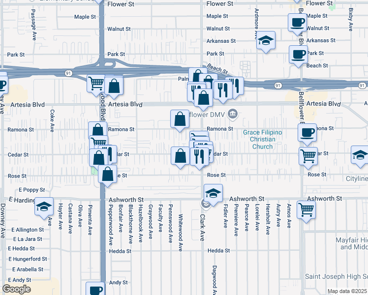 map of restaurants, bars, coffee shops, grocery stores, and more near 9319 Cedar Street in Bellflower