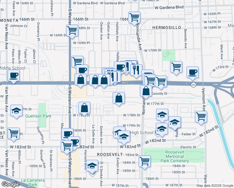 map of restaurants, bars, coffee shops, grocery stores, and more near 1/2 West Gardena Boulevard in Gardena