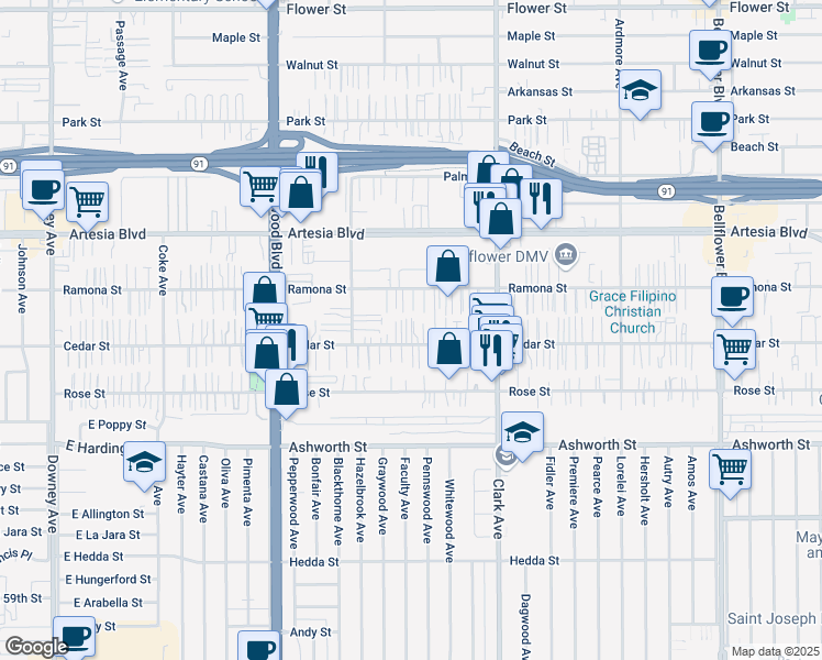 map of restaurants, bars, coffee shops, grocery stores, and more near 9245 1/2 Cedar Street in Bellflower