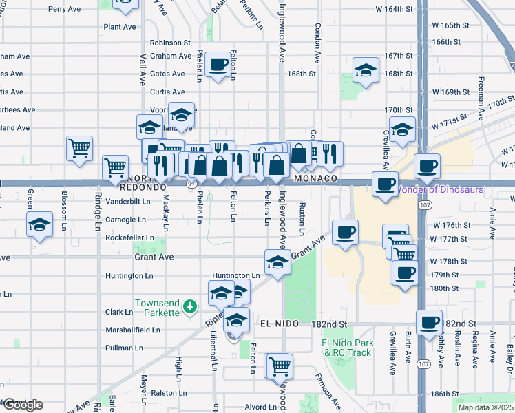 map of restaurants, bars, coffee shops, grocery stores, and more near 2616 Vanderbilt Lane in Redondo Beach