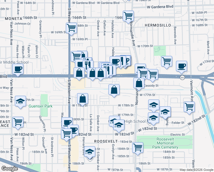 map of restaurants, bars, coffee shops, grocery stores, and more near 1548 West Artesia Square in Gardena