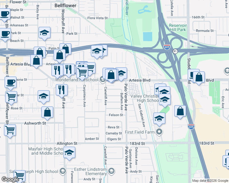 map of restaurants, bars, coffee shops, grocery stores, and more near 10532 East Plunkett Street in Bellflower