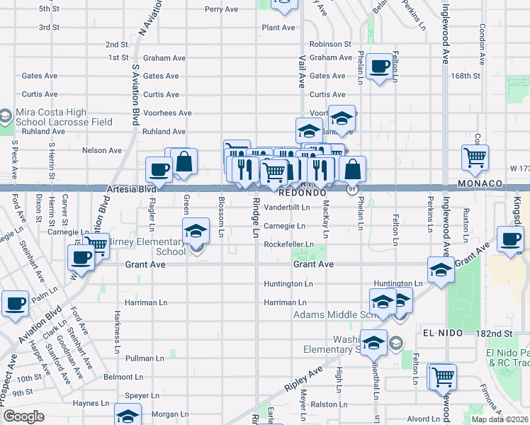 map of restaurants, bars, coffee shops, grocery stores, and more near 2200 Vanderbilt Lane in Redondo Beach