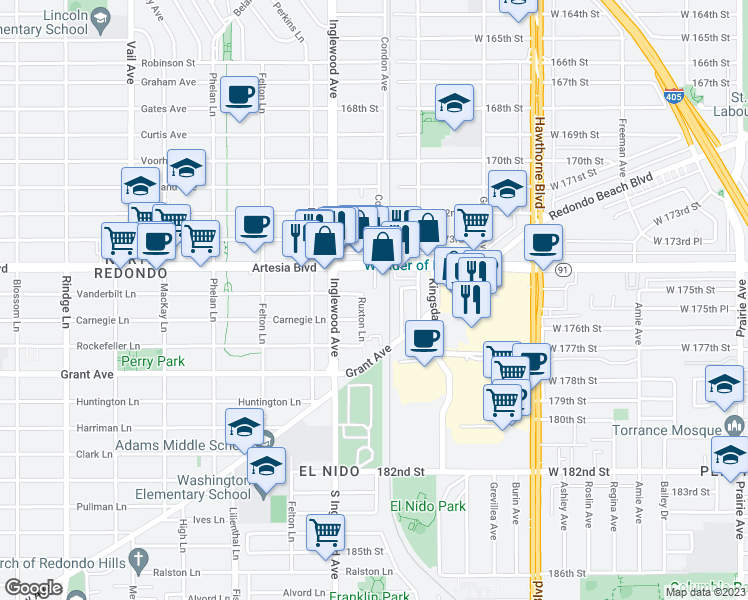 map of restaurants, bars, coffee shops, grocery stores, and more near 2750 Artesia Boulevard in Redondo Beach