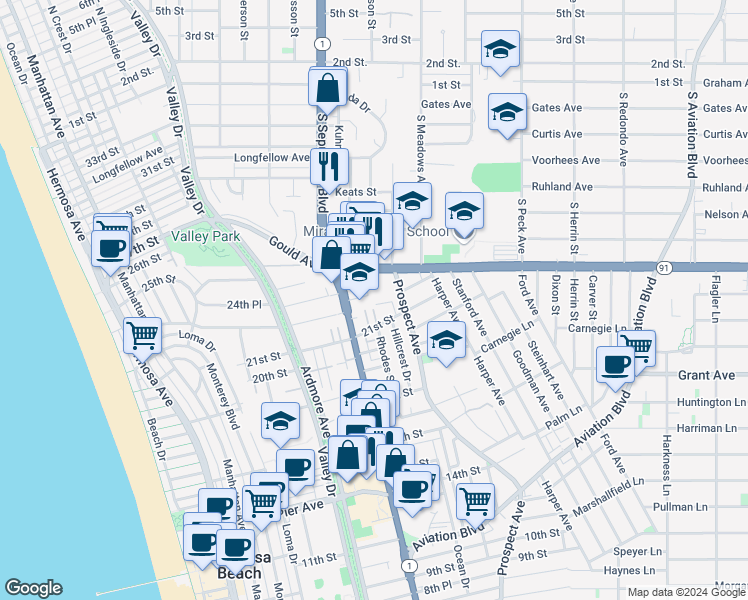 map of restaurants, bars, coffee shops, grocery stores, and more near 24th Street in Hermosa Beach