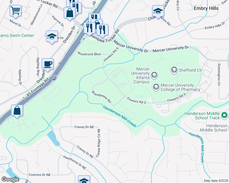 map of restaurants, bars, coffee shops, grocery stores, and more near 2947 Flowers Road South in Atlanta