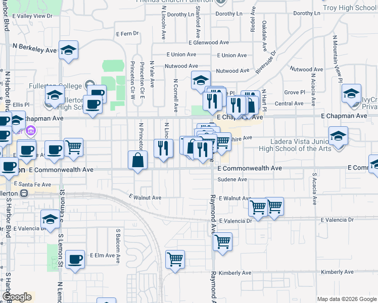map of restaurants, bars, coffee shops, grocery stores, and more near 111 North Stanford Avenue in Fullerton