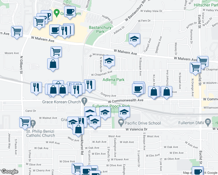map of restaurants, bars, coffee shops, grocery stores, and more near 225 Adlena Drive in Fullerton