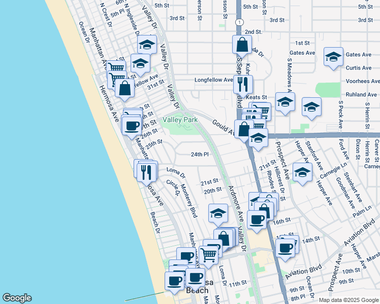 map of restaurants, bars, coffee shops, grocery stores, and more near 521 24th Place in Hermosa Beach