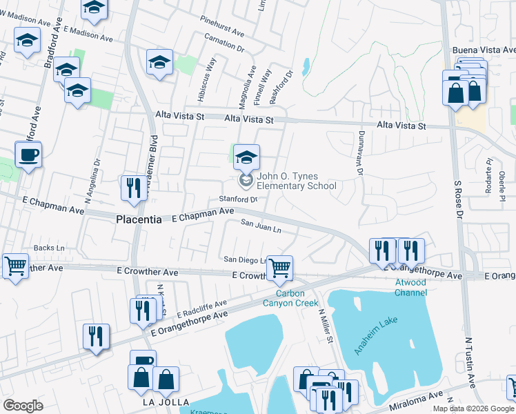 map of restaurants, bars, coffee shops, grocery stores, and more near 754 Stanford Circle in Placentia