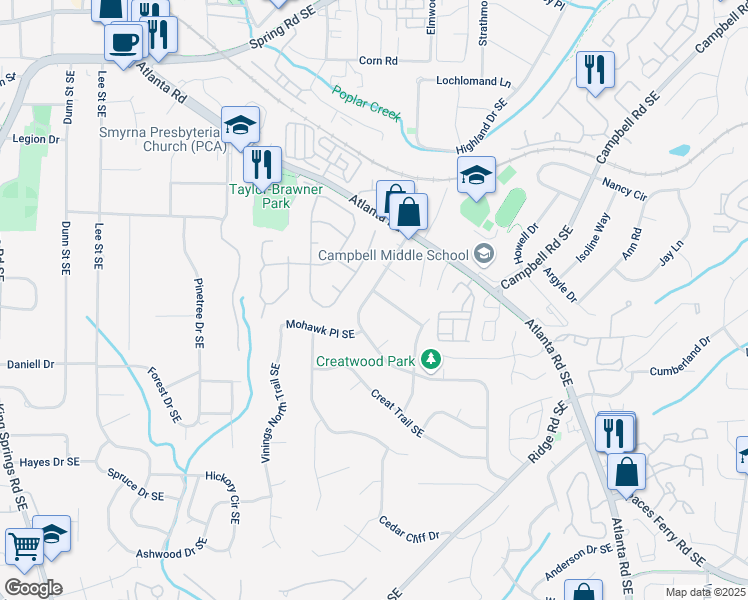 map of restaurants, bars, coffee shops, grocery stores, and more near 1760 Mackinaw Place Southeast in Smyrna