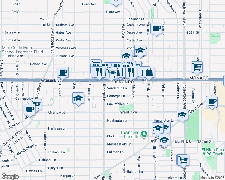 map of restaurants, bars, coffee shops, grocery stores, and more near 2210 Vanderbilt Lane in Redondo Beach