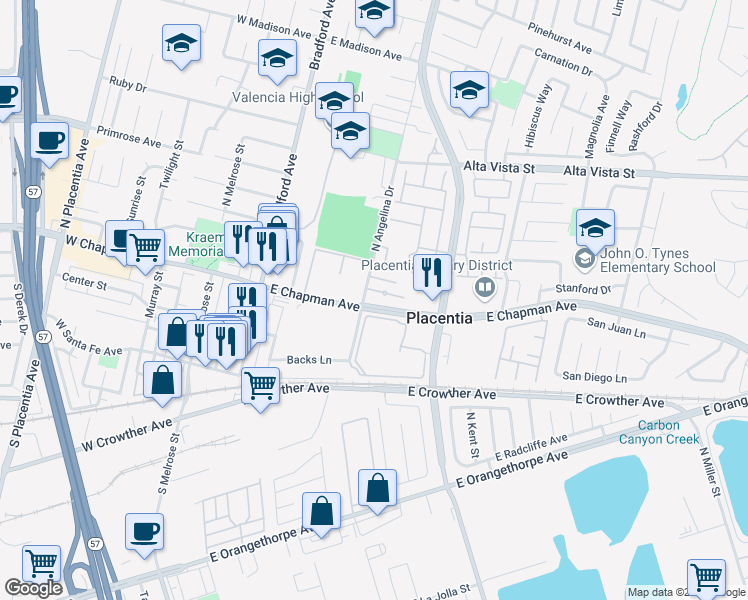 map of restaurants, bars, coffee shops, grocery stores, and more near 313 East Chapman Avenue in Placentia