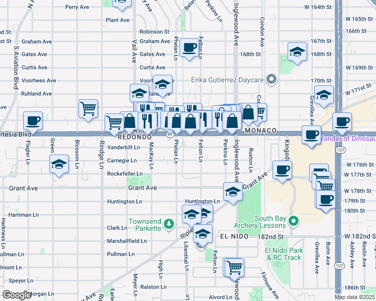 map of restaurants, bars, coffee shops, grocery stores, and more near 2510 Vanderbilt Lane in Redondo Beach