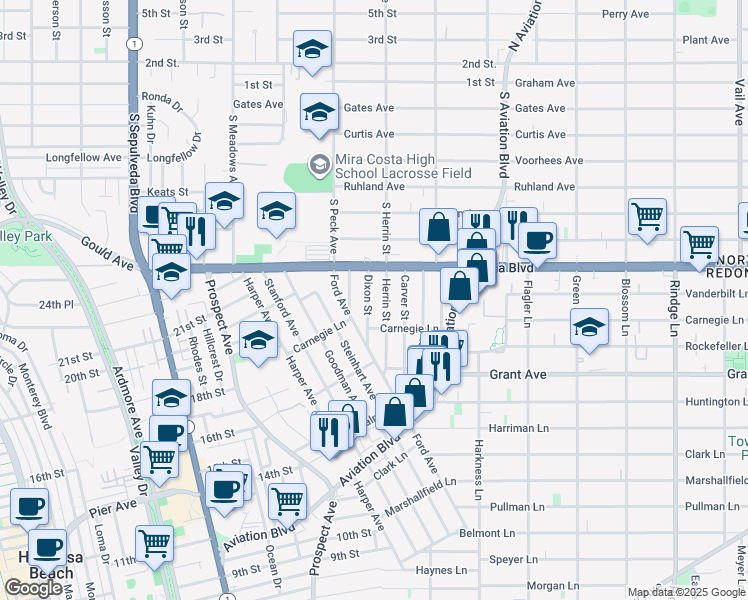 map of restaurants, bars, coffee shops, grocery stores, and more near 1726 Dixon Street in Redondo Beach