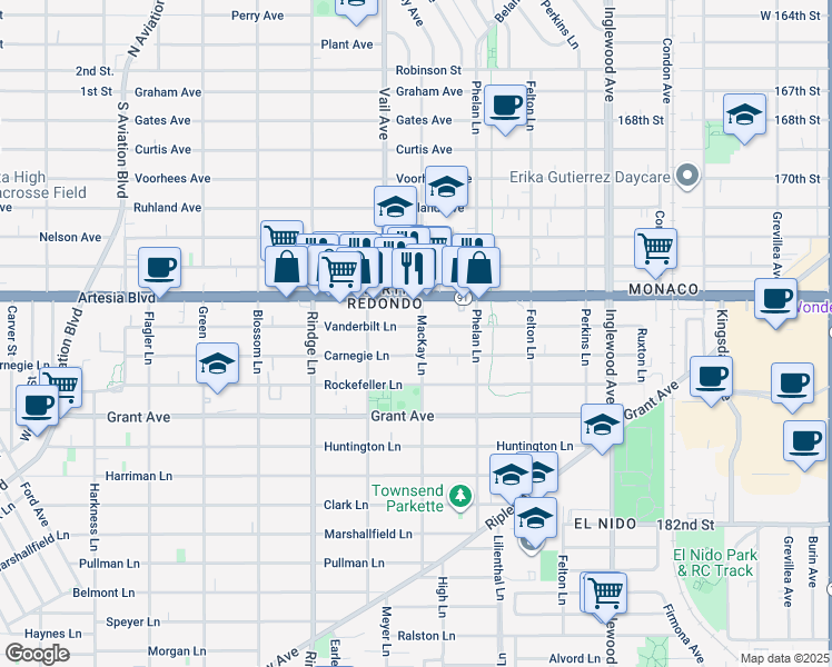map of restaurants, bars, coffee shops, grocery stores, and more near 2320 Vanderbilt Lane in Redondo Beach