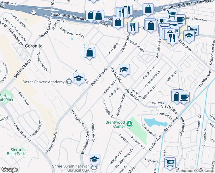 map of restaurants, bars, coffee shops, grocery stores, and more near 1370 Kirkwood Drive in Corona