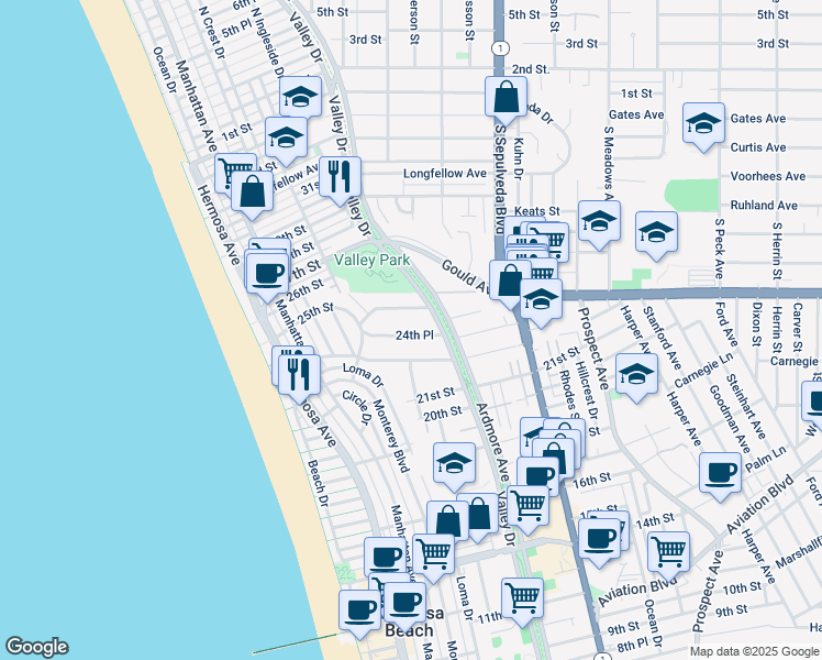 map of restaurants, bars, coffee shops, grocery stores, and more near 537 24th Place in Hermosa Beach