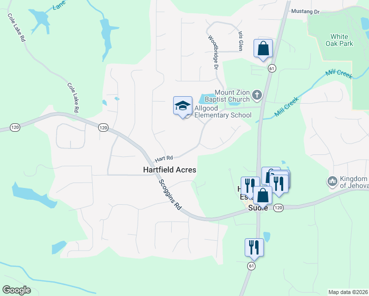 map of restaurants, bars, coffee shops, grocery stores, and more near 492 Hart Road in Dallas
