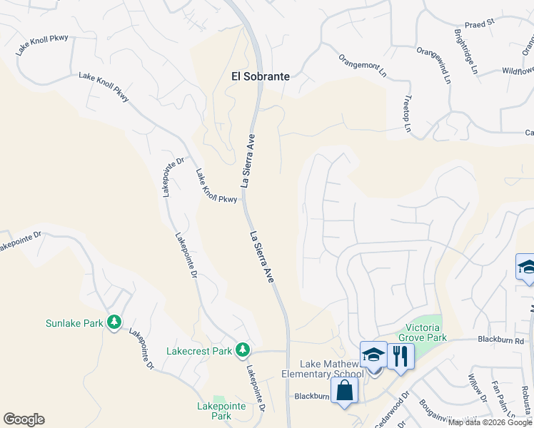 map of restaurants, bars, coffee shops, grocery stores, and more near 17055 Carrotwood Drive in Riverside