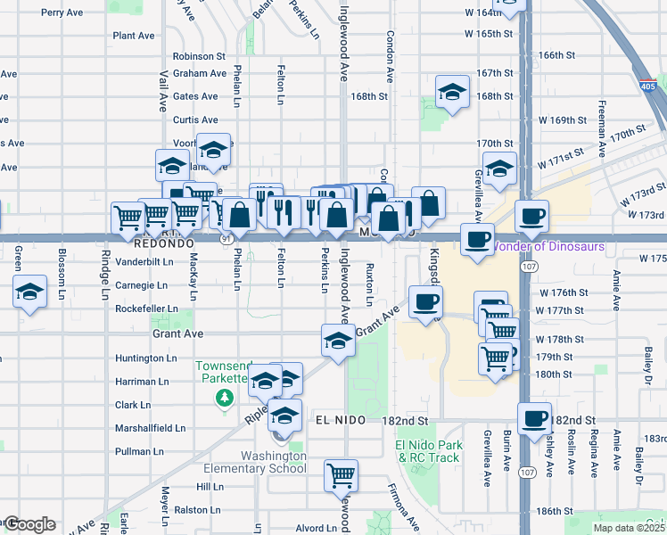 map of restaurants, bars, coffee shops, grocery stores, and more near 2704 Vanderbilt Lane in Redondo Beach