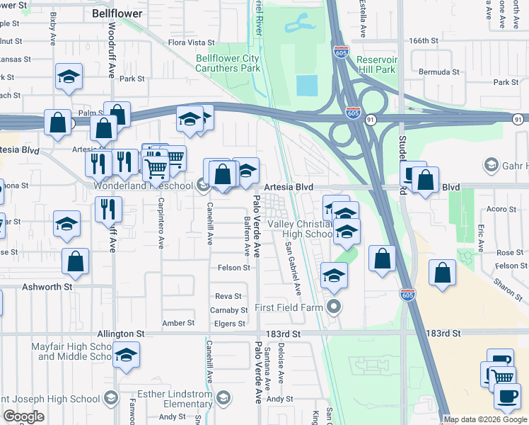 map of restaurants, bars, coffee shops, grocery stores, and more near 17794 Palo Verde Avenue in Cerritos