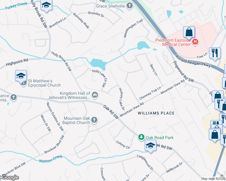map of restaurants, bars, coffee shops, grocery stores, and more near 2610 Stokesley Way in Snellville