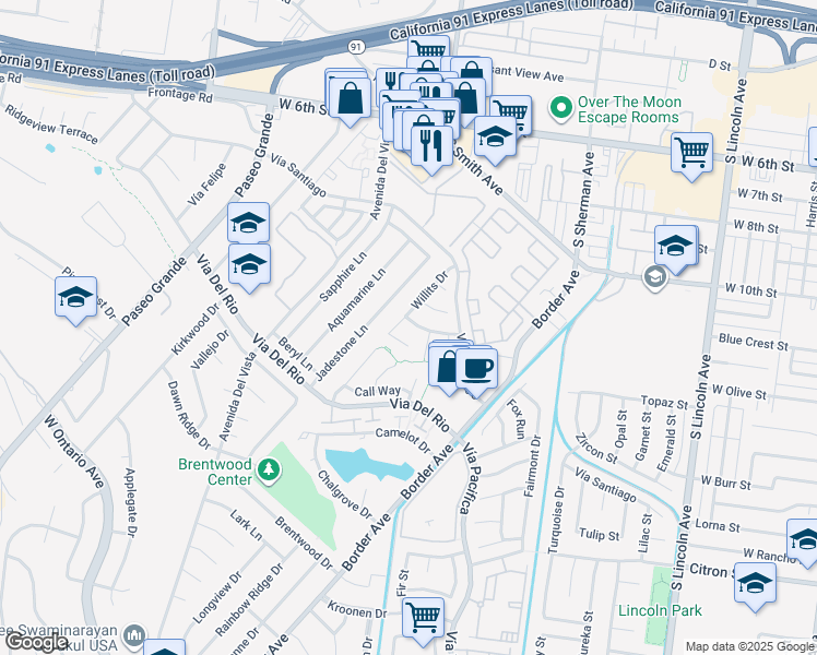 map of restaurants, bars, coffee shops, grocery stores, and more near 1478 Dyer Way in Corona