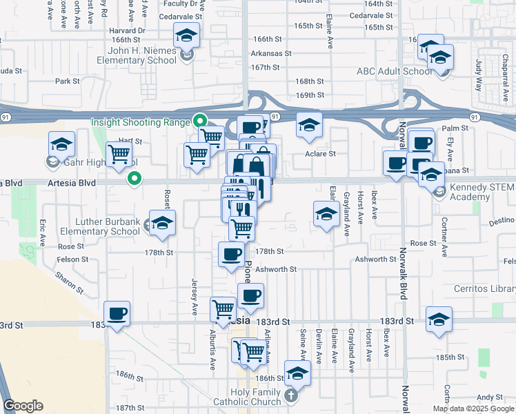 map of restaurants, bars, coffee shops, grocery stores, and more near 17510 Pioneer Boulevard in Artesia
