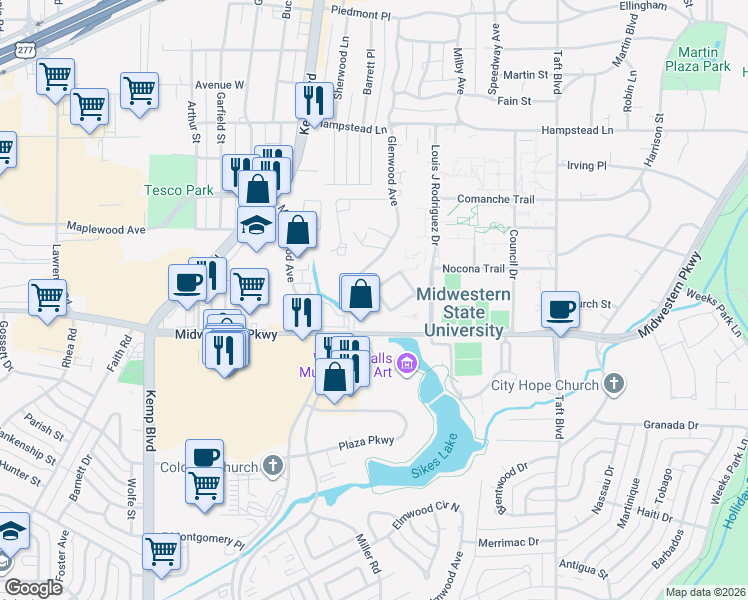 map of restaurants, bars, coffee shops, grocery stores, and more near 1 Newcomb Terrace in Wichita Falls
