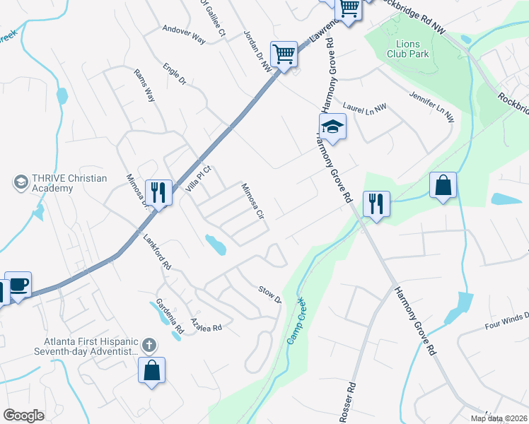 map of restaurants, bars, coffee shops, grocery stores, and more near 6554 Mimosa Circle in Tucker