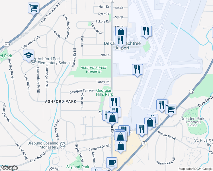 map of restaurants, bars, coffee shops, grocery stores, and more near 1917 Harrison Park Drive in Atlanta
