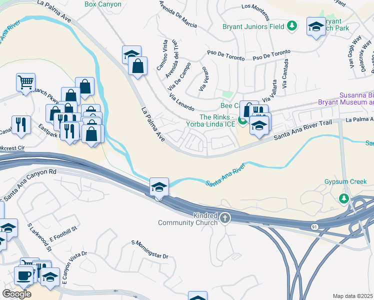 map of restaurants, bars, coffee shops, grocery stores, and more near 23260 Dover Lane in Yorba Linda