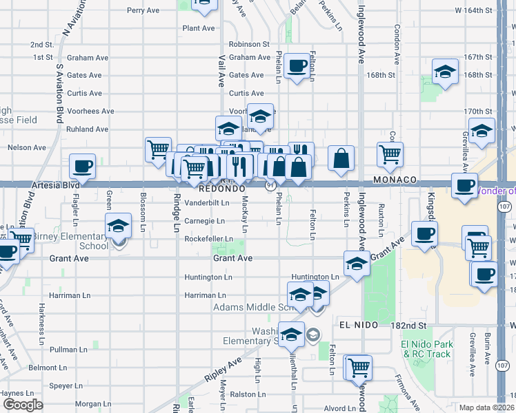 map of restaurants, bars, coffee shops, grocery stores, and more near 2408 Vanderbilt Lane in Redondo Beach