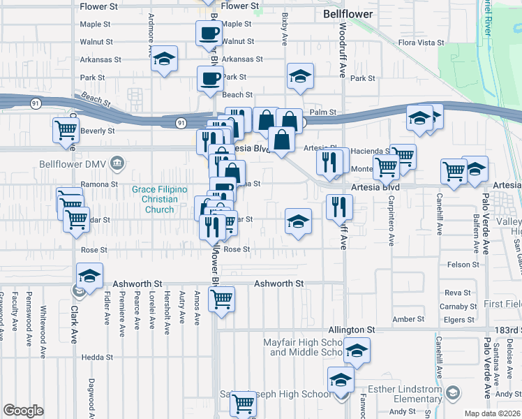 map of restaurants, bars, coffee shops, grocery stores, and more near 9917 Cedar Street in Bellflower