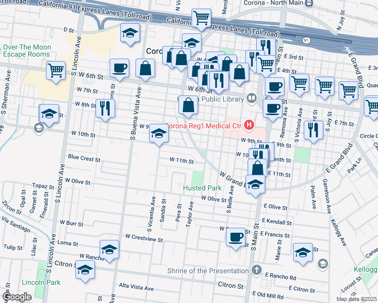 map of restaurants, bars, coffee shops, grocery stores, and more near 1006 West Grand Boulevard in Corona