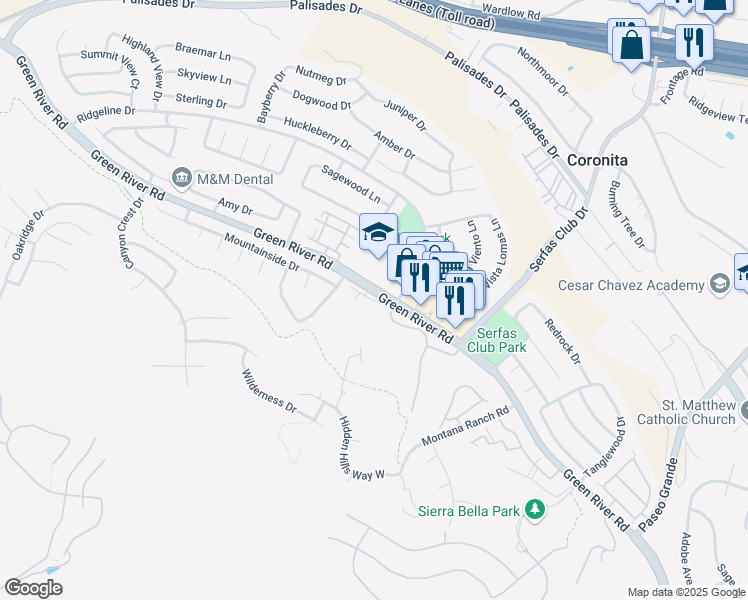 map of restaurants, bars, coffee shops, grocery stores, and more near 2802 Green River Road in Corona