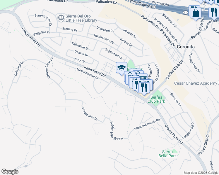 map of restaurants, bars, coffee shops, grocery stores, and more near 1215 Suncrest Drive in Corona