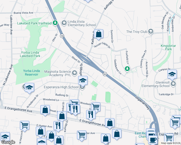map of restaurants, bars, coffee shops, grocery stores, and more near 1900 North Pinecove Circle in Anaheim