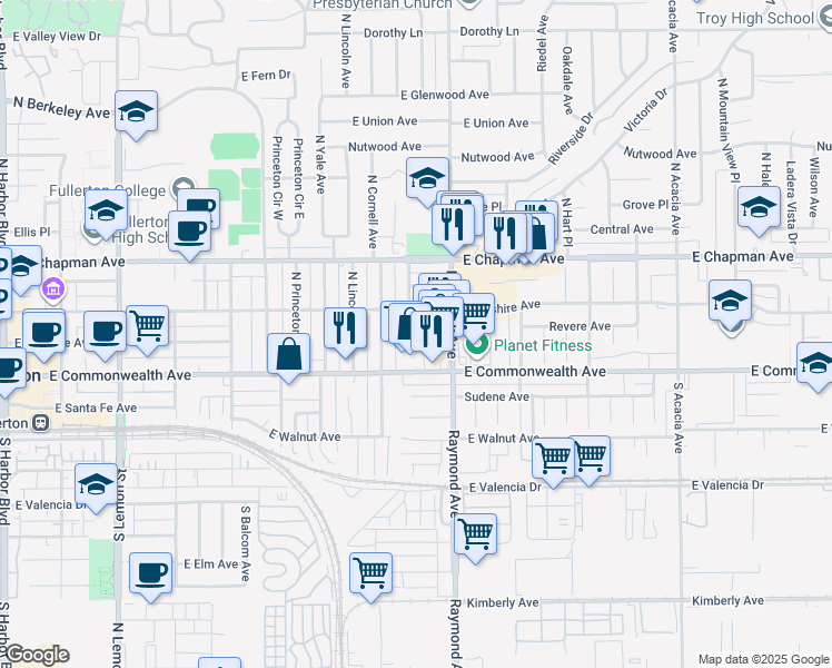 map of restaurants, bars, coffee shops, grocery stores, and more near 128 North Cornell Avenue in Fullerton