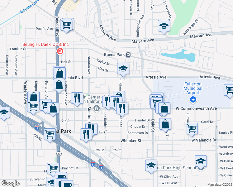 map of restaurants, bars, coffee shops, grocery stores, and more near 8222 4th Street in Buena Park