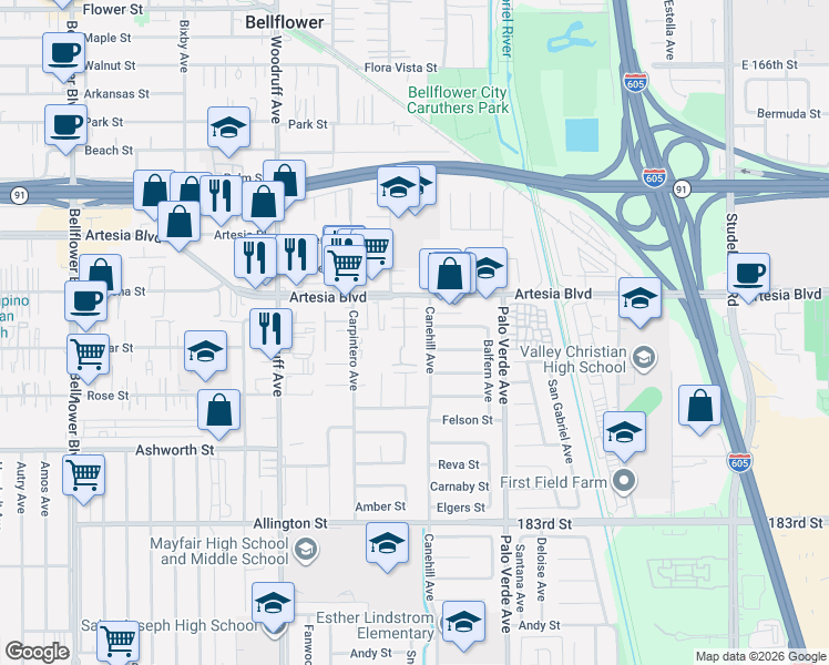 map of restaurants, bars, coffee shops, grocery stores, and more near 17715 Canehill Avenue in Bellflower