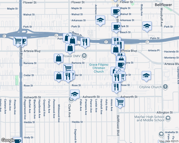 map of restaurants, bars, coffee shops, grocery stores, and more near 9525 Cedar Street in Bellflower