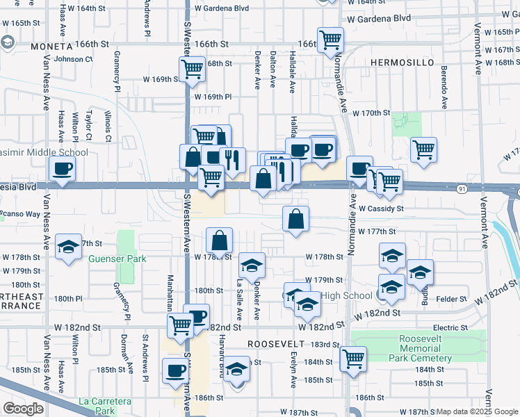 map of restaurants, bars, coffee shops, grocery stores, and more near 1598 West Artesia Square in Gardena