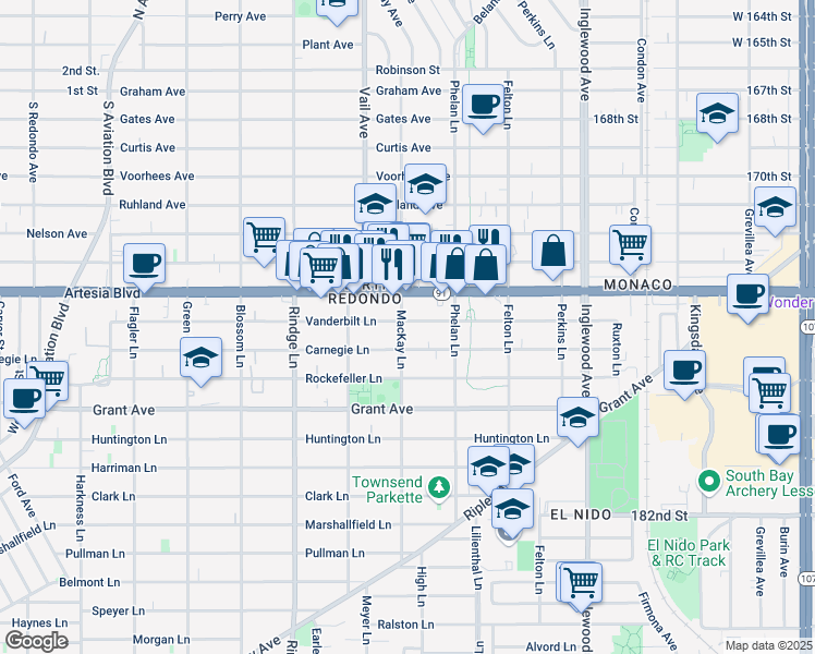 map of restaurants, bars, coffee shops, grocery stores, and more near 2404 Vanderbilt Lane in Redondo Beach