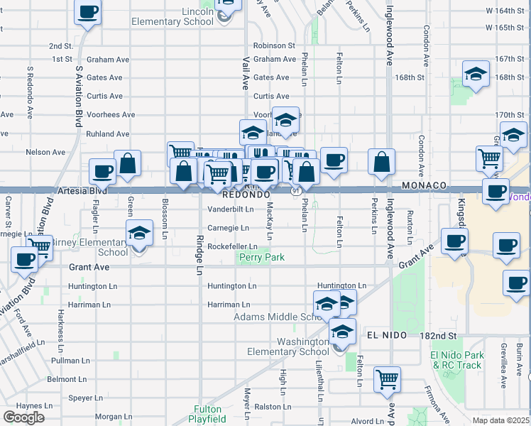 map of restaurants, bars, coffee shops, grocery stores, and more near 2312 Vanderbilt Lane in Redondo Beach