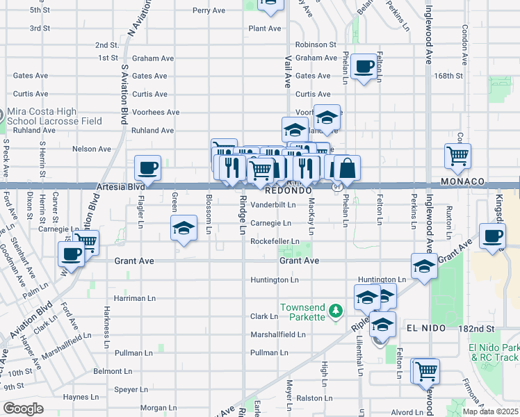 map of restaurants, bars, coffee shops, grocery stores, and more near 2213 Carnegie Lane in Redondo Beach